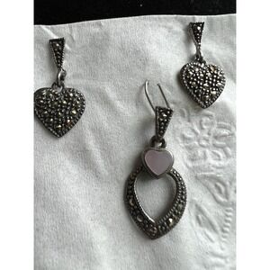 Vintage 925 Sterling Silver Marcasite Pendant And Heart Earrings